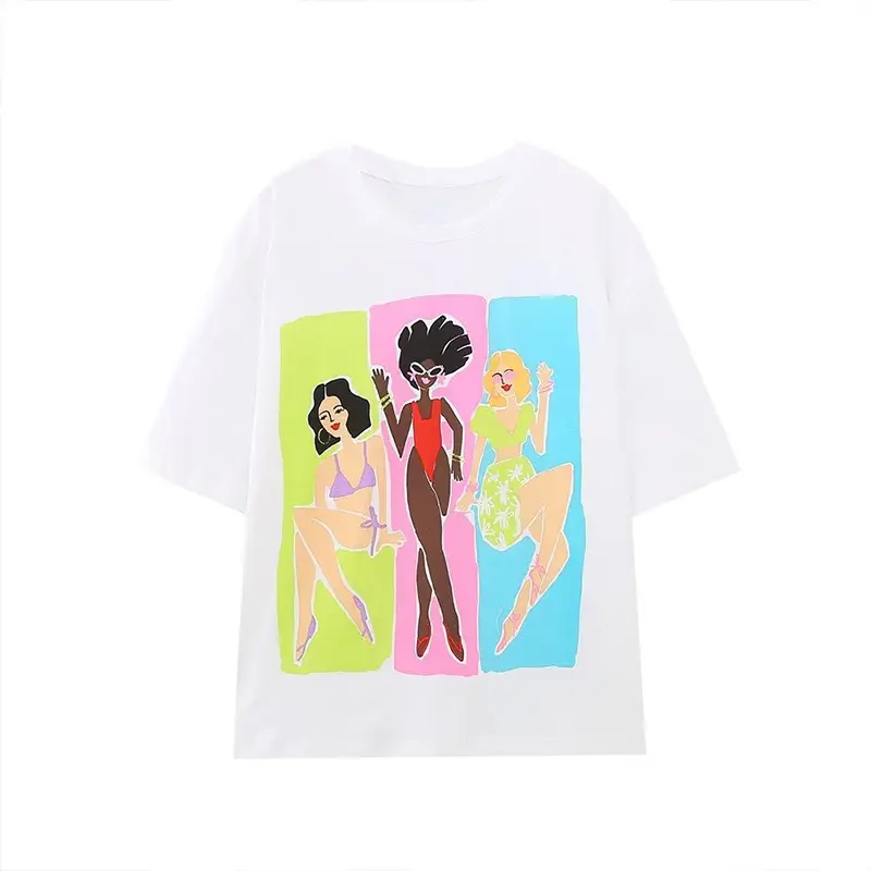 Женская одежда ZATRHMBM, 2023 летняя модная футболка с принтом для девочек, Винтажные белые топы с круглым вырезом и коротким рукавом, Базовые Женские топы