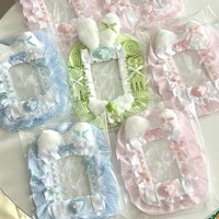 Protège-carte photo en peluche tissée avec dentelle, bord décoratif, porte-clés, étui pour badge, housse de protection pour cartes photo