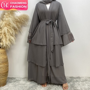 1896# Best Seller Chiffon Open <b>Abaya</b> Solid Color 3 Layered Long Sleeve Dubai Abayas Cardigan Style 9 Colors - Product Image 1