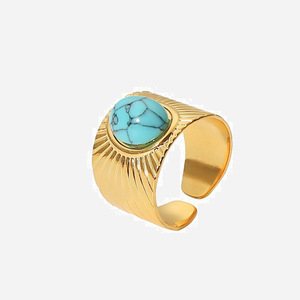 Turquoise Ribbed Wide Facet <b>Open</b> <b>Ring</b> 18K Gold Plated Geometric Design Unisex Jewelry Party Accessory - Product Image 1