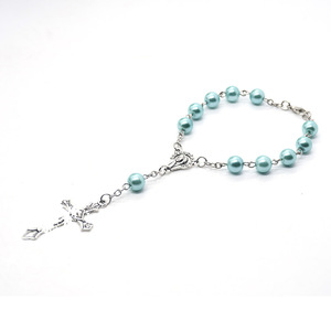 Bracelet chapelet vintage en perles bleues pour femmes, imitation perle, charme croix en argent tibétain, bijoux cadeau - Product Image 2