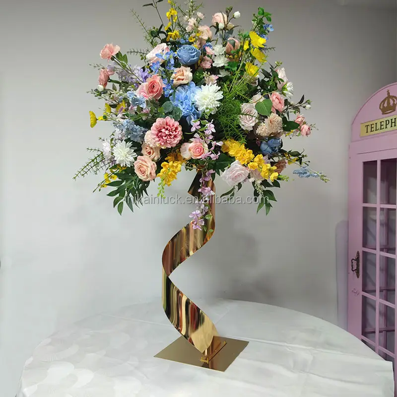 Suporte de flores em forma de espiral para decoração de casamento, suporte de flores em metal dourado para decoração de casamento