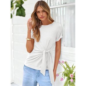 Womens Summer Short Sleeve Crewneck Tie Waist Blouse Casual Work Top Knitted Elastic <b>Wrap</b> Shirt - Product Image 5