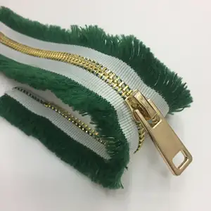 Striped zipper tape 5 custom metallic zip with plush cloth edge gold teeth grosgrain tape close end metal zipper