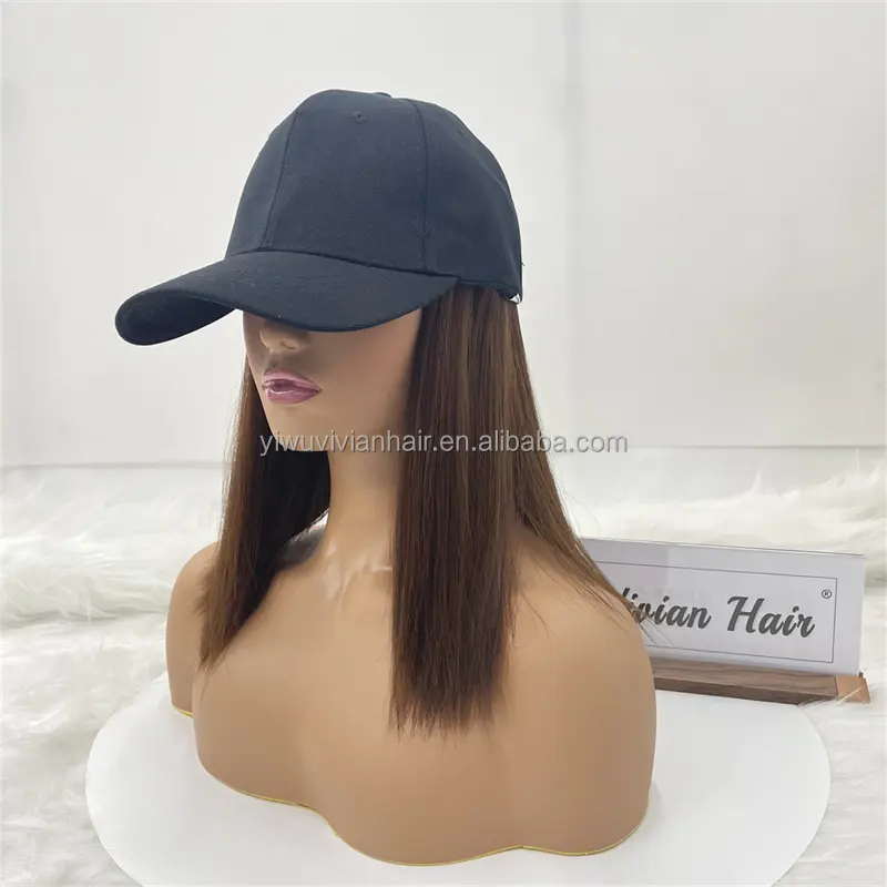 wholesale high quality ready to ship hat wig hair synthetic bob short straight curly baseball hat black wig hats wholesale