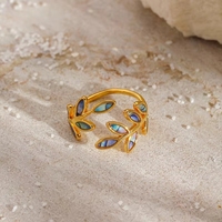 Anillo Abierto Ajustable de Acero Inoxidable con Diseño de Hoja Esmaltada y Baño de Oro de 18K, Joyería Moderna Unisex