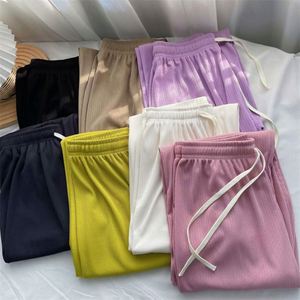 I-0576 Nouvelle collection été Pantalon large en soie glacée à rayures éclatantes, taille haute, respirant, élégant, décontracté et longueur ras du sol - Product Image 1