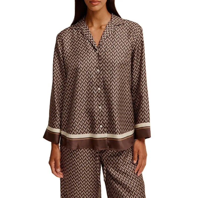 Custom Satin Silk print shirt tops 100% Pure Silk Pyjamas Set Women Silk Pajamas with long sleeves and long pants