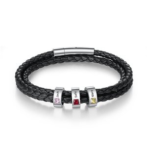 Bracelet personnalisé en cuir avec chaîne et nom, pierre de naissance, cadeau Fê<span class=keywords><strong>te</strong></span> des Pères Qiuhan - Product Image 1
