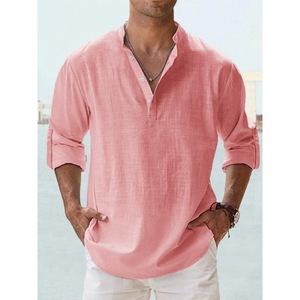 T-shirt à manches longues en <span class=keywords><strong>lin</strong></span> pour homme, col montant, coupe ample, couleur unie, coton-<span class=keywords><strong>lin</strong></span>, collection 2023 pour le commerce transfrontalier - Product Image 4