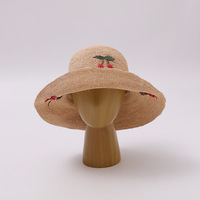 Sombrero de Paja Natural para Mujer, con Bordado de Cerezas, Estilo Crochet, Plegable, Estilo Japonés, para Playa, Verano