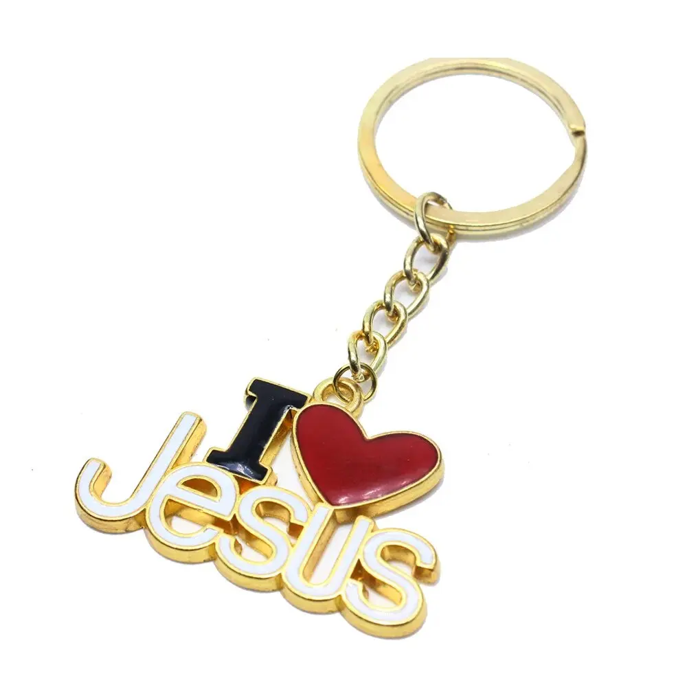 カスタム独自のデザインDIYレターキーホルダーハードエナメルILove Jesus Metal Keychain Christian Religious Jesus Pendant Keyring