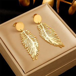Feather Pendant Earrings Gold Long Metal Exaggerated Design Everyday Wear - Product Image 1