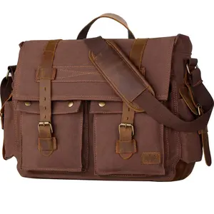 Waterproof Vintage Waxed Canvas Briefcase 15.6 Inch Laptop Messenger Bag For Men