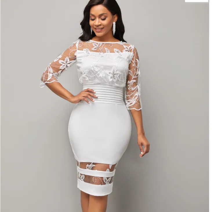 winter 2021 fashion white Lace Patchwork 3/4 Sleeve Round Neck Dress