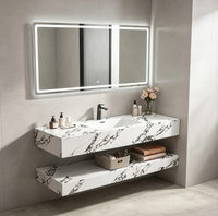 Meuble-lavabo haut de gamme en pierre frittée double couche avec miroir LED anti-buée, grand espace de rangement et plan de travail en dalle de roche – Fourniture hôtelière