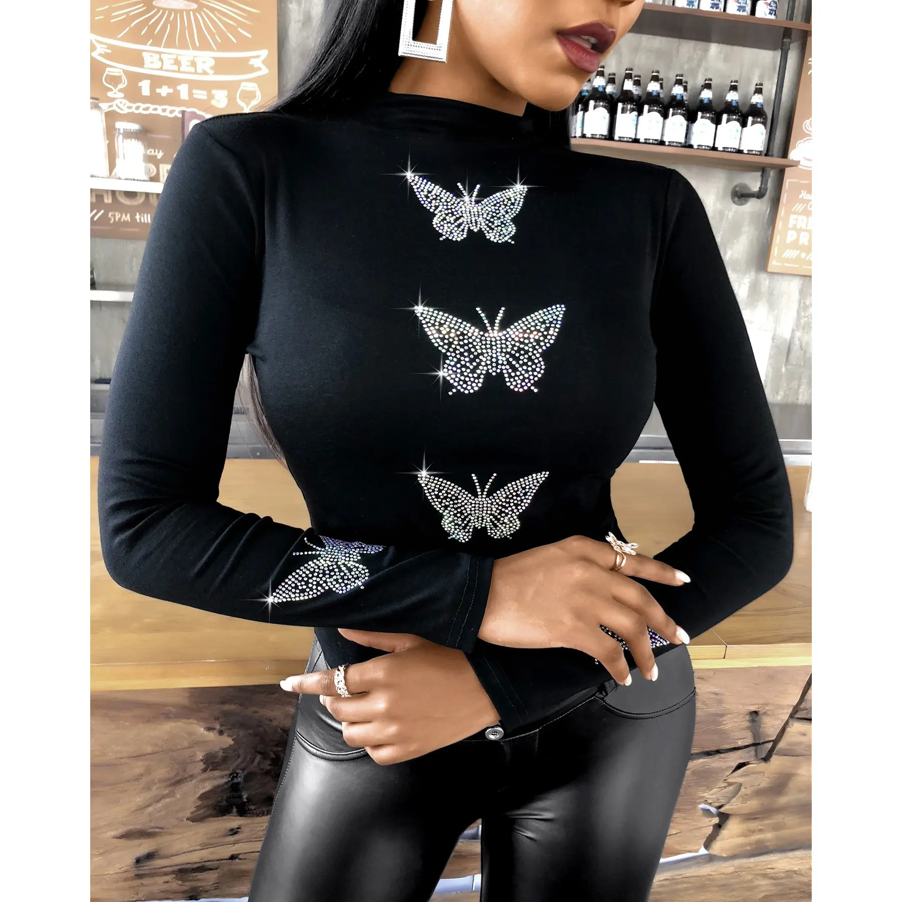 Autumn Women Clothing Black Turtle Neck Rhinestone t Shirt With Butterfly Bulk Basic Women Basic Tops Bodycon Wear