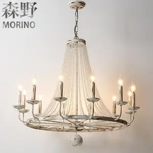 Lustre retrô francês, lustre branco destruído ferrugem madeira metal velas 12 luzes para sala de jantar