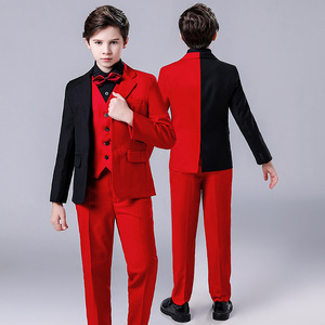 Rojo Negro Contraste Color Hombres Cena Tails Niños Formal <span class=keywords><strong>Tuxido</strong></span> Vestido Trajes Niños Navidad Blazer Set Niños Ropa de boda - Product Image 2