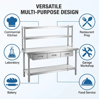 Table de préparation de cuisine en acier inoxydable avec tiroirs, double étagère supérieure et inférieure, pieds réglables, plan de travail