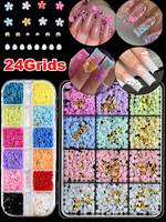 12Grids *2 Resin 3D Hiasan Kuku Bunga 2 Kotak Ornamen Bunga Warna-warni Dekorasi Kuku Mutiara Manik-manik Logam Aksesoris Manikur