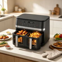 Friteuse à air électrique à double panier avec technologie 360 et écran LCD, fonctions de cuisson et de rôtissage, cuisson saine sans huile