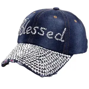 Bling rhinestone mübarek logo ile amerikan Denim kumaş sıkıntılı beyzbol şapkası