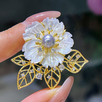 Broche pour femme en nacre véritable de 6-7 mm, plaquée or 18 carats, motif floral en zircon, qualité AAA, accessoire de mode