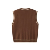 Gilet en acrylique torsadé à col en V pour homme, avec bordure contrastante, sans manches, ourlet côtelé texturé, style preppy universitaire, automne