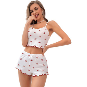 Nuevo conjunto de camisola y pantalones cortos florales acanalados de moda europea y americana para el hogar, pijamas frescos y casuales para el hogar. - Product Image 5
