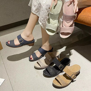 Women's Large Size Rhinestone Mid Heel Slippers Summer New Arrival Belt Buckle Soft Bottom Elegant <b>Sandals</b> 43 - Product Image 2
