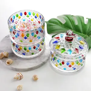 Coupe de fruits en treillis de diamant peint à la main à trois couches pot en verre teinté moule à rabat pot en cristal café pot à sucre carré avec couvercle