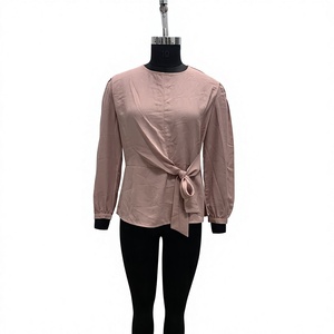 Women's <b>Pink</b> <b>Long</b> <b>Sleeve</b> Wrap Blouse Collarless Elegant <b>Top</b> With Tie Sash For Office - Product Image 1