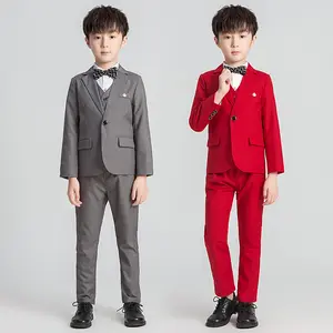 3 potong setelan baju Formal anak laki-laki, Blazer + rompi + celana + 3 potong pakaian anak pesta pernikahan, kostum tuan rumah kinerja Piano