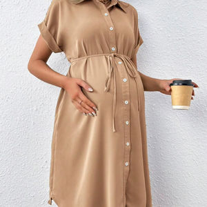 Nuevo Vestido Casual de Maternidad Estilo Europeo Americano, de Verano, Manga Corta, con Botones, Diseño Tipo Camisa con Cinturón, en Poliéster - Product Image 1