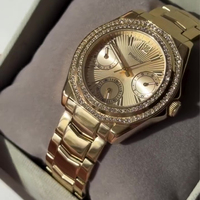 Montre à quartz pour femme, bracelet en acier inoxydable or rose, lunette en cristal scintillant, chronographe simple et décontracté