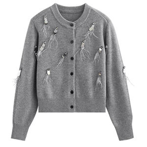 Elegante Cardigan da <span class=keywords><strong>Donna</strong></span> Fatto a Mano in 100% Lana Aperto sul Davanti con Design di Piume e Paillettes <span class=keywords><strong>Maglieria</strong></span> a Maniche Lunghe per l'Inverno - Product Image 1
