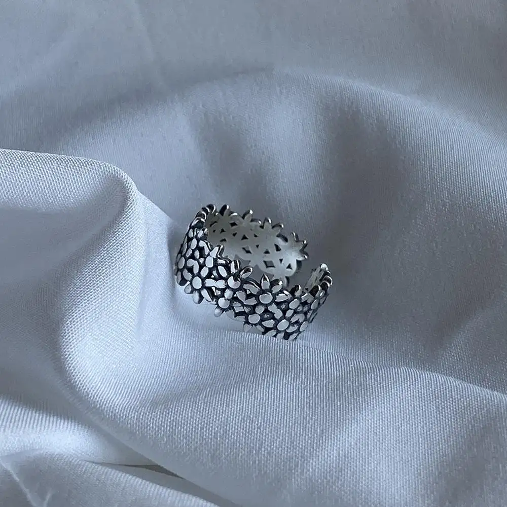 Hàn Quốc S925 Sterling Silver Nhẫn Cổ Điển Mở Tối Giản Hoa Cúc Đơn