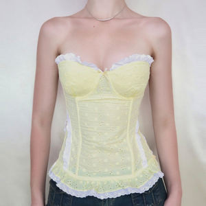 Top de Verano para Vacaciones en la Playa, Color Amarillo Mantequilla, Jacquard con Contraste, Sin Tirantes, Ajustado, con Volantes, Estilo Camisola - Product Image 3