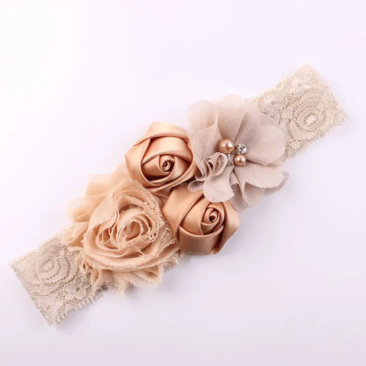 Hot Sale Newborn Chiffon Flower Baby Elastic Hair Band Lace Headband Hairbands With Pearl