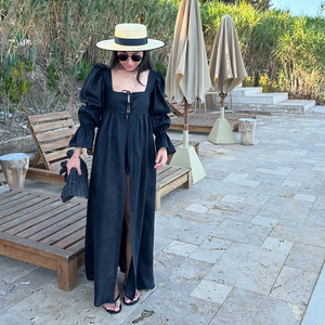 Manica a sbuffo 2025 alla moda abiti Casual in <span class=keywords><strong>lino</strong></span> di cotone bianco Cardigan lungo abito estivo <span class=keywords><strong>donna</strong></span> - Product Image 3