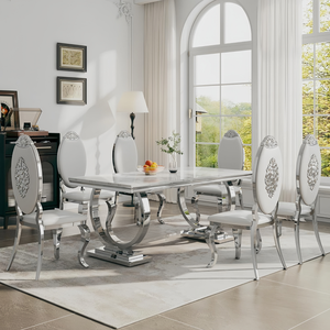 Ensemble de table à manger en acier inoxydable argenté pour 6 personnes, table à manger moderne avec plateau en marbre blanc et chaises argentées, utilisation à domicile ou à l'hôtel - Product Image 1