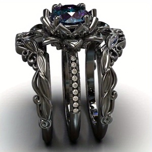 Elegante Juego <span class=keywords><strong>de</strong></span> 3 Anillos <span class=keywords><strong>de</strong></span> Loto Negro con Circonita Cúbica Arcoíris - Perfecto para Compromiso, Aniversario y Fiestas - Product Image 3