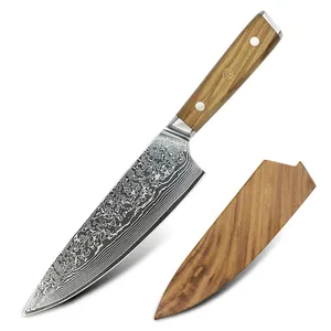 Custom Handmade 8inch Damascus Steel Chef Knife Wooden Sheath