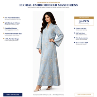 Robe longue Kaftan brodée florale personnalisée, col mandarin fendu, manches cloche, en coton slub respirant – Fabricant
