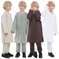 Robe Abaya Kaftan Thobe islamique pour enfants musulmans, garçons, 2 pièces, manches longues, col rond, polyester, antistatique
