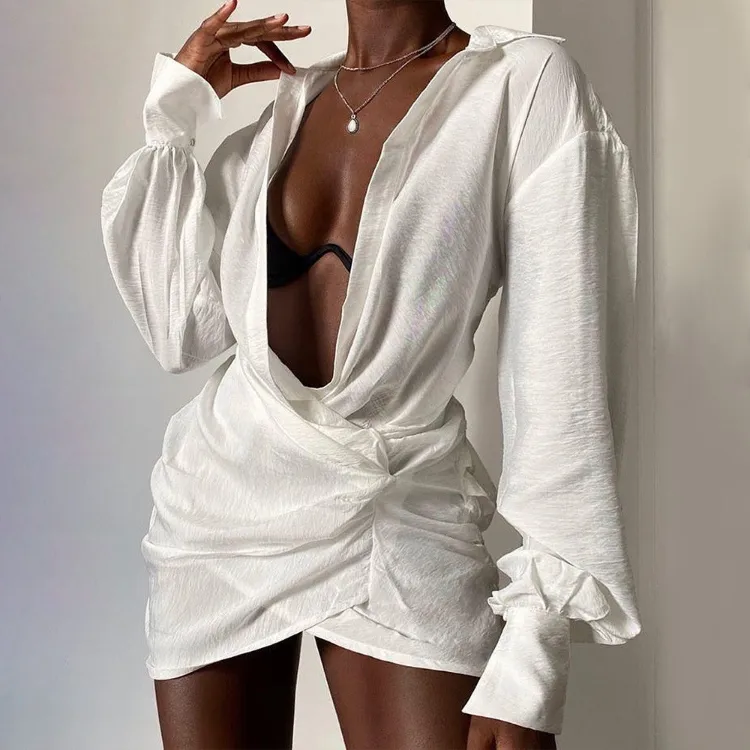 Enyami Early Fall Women Sexy Long Sleeve Mini Dresses Fashion Daily Casual Outfits White Cotton Linen Draped Shirt Dress