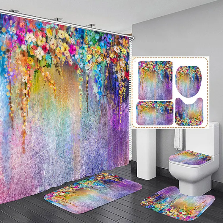 ชุดม่านห้องน้ำ3D ผ้าโพลีเอสเตอร์หลากสีพร้อมพรมในห้องน้ำ