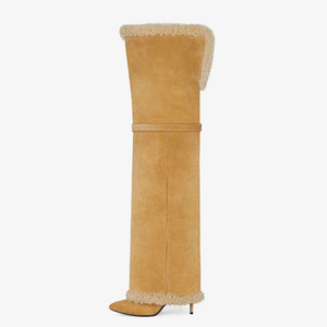 Women Winter Western Metal Shark Lock Over-the-Knee Suede Fur Fold-Over Pointed Toe Long <b>Pants</b> Booties Stilettos High Heels - Product Image 5