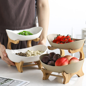 Assiette à fruits en céramique multicouche assiette à fruits secs de style européen support en <span class=keywords><strong>bambou</strong></span> et en bois - Product Image 3